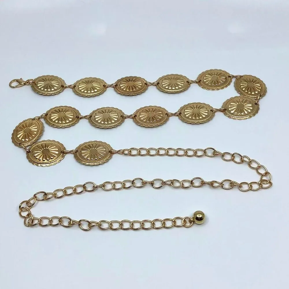 Vintage Y2K Boho Gold Medallion Chain Belt, Fits 23.5–43 Inches, X7GA1187